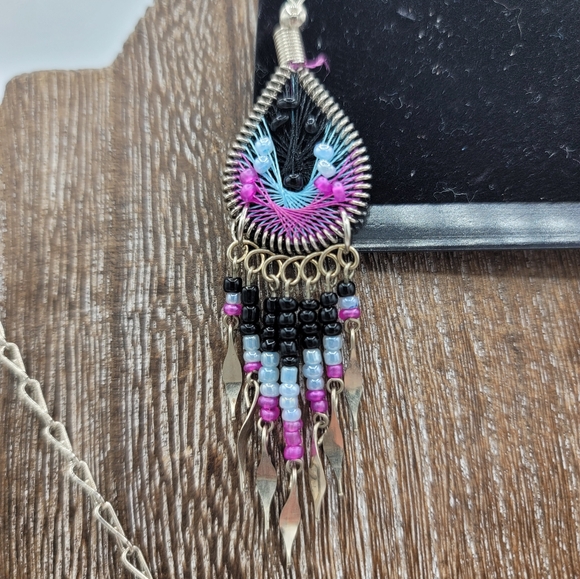 Boho Thread Art Necklace & Earrings Set Beaded Fringe Festival Jewelry Vintage - Picture 3 of 14